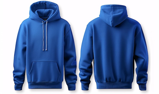 Front and back view of a royal blue hoodie with no print