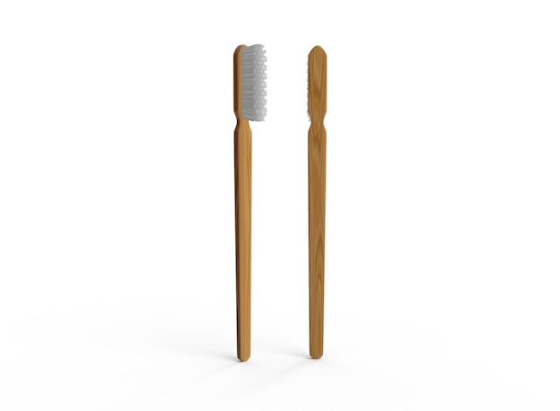 Front and Back View of Wooden Toothbrush on Blue Background. 3d Rendering