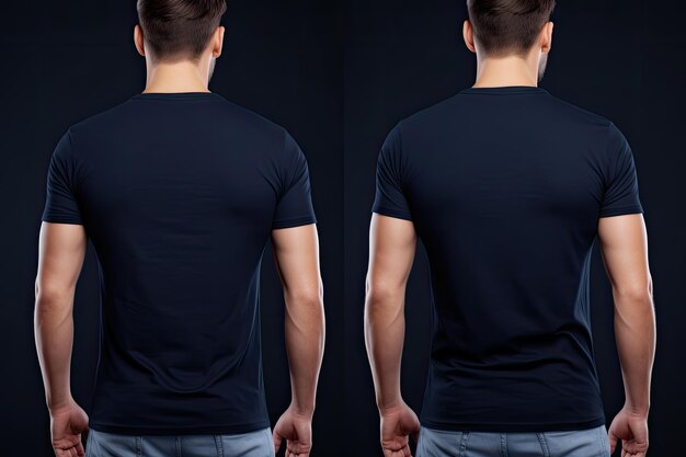 Photo front and back view of young man wearing blank black tshirt mock up male model wearing a dark navy blue vneck tshirt on white background front view and back view ai generated