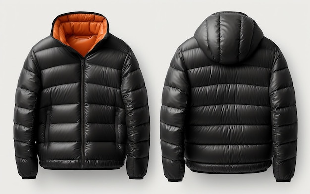 Photo front and back views of down jacket ensemble