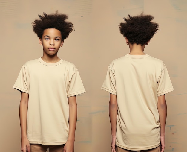 Передний и задний вид маленького мальчика в бежевой футболке