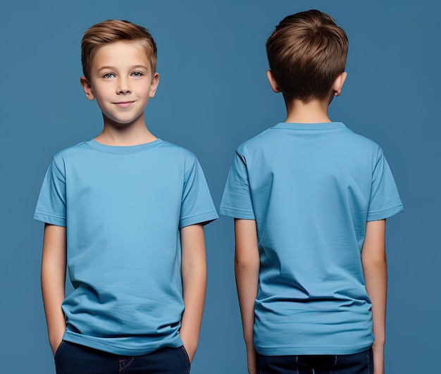 Front and back views of a little boy wearing a blue Tshirt