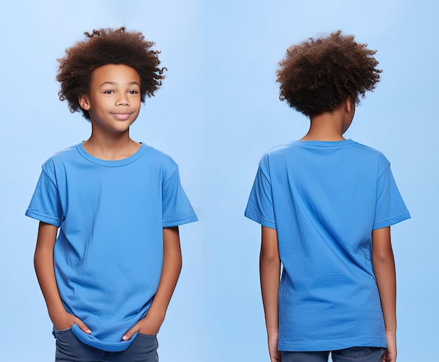 Front and back views of a little boy wearing a blue Tshirt