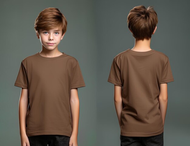 Front and back views of a little boy wearing a brown Tshirt