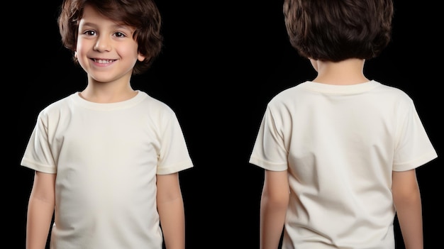 Front and back views of a little boy wearing a Cream T shirt mockup