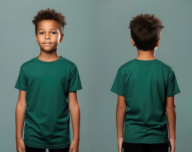 Front and back views of a little boy wearing a green Tshirt