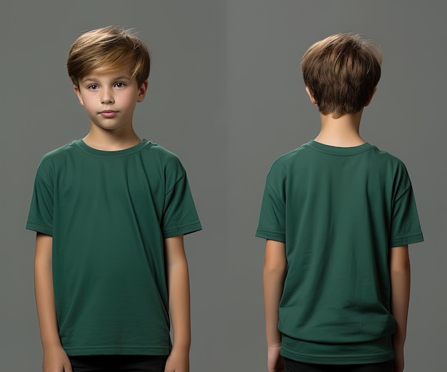 Front and back views of a little boy wearing a green Tshirt