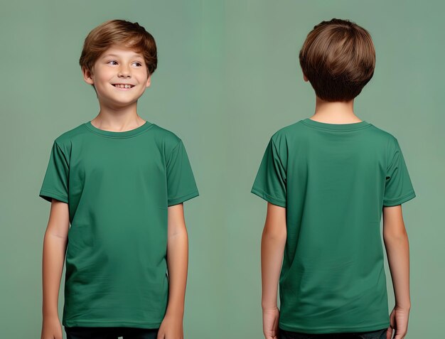 Front and back views of a little boy wearing a green Tshirt