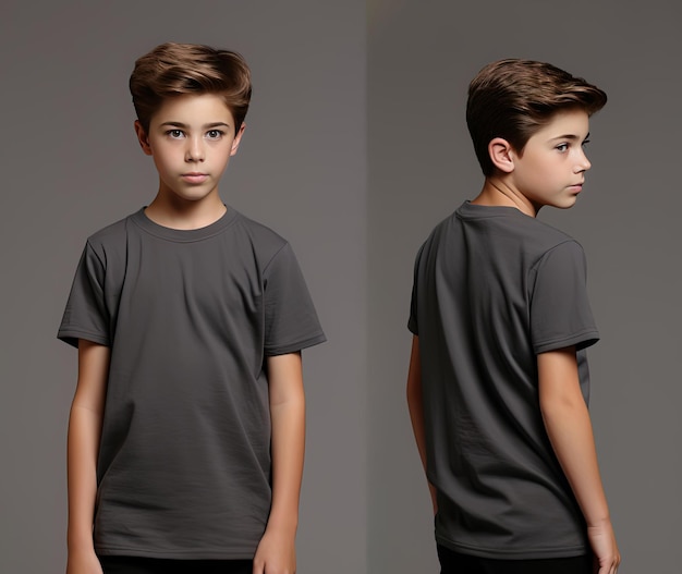 Front and back views of a little boy wearing a grey Tshirt