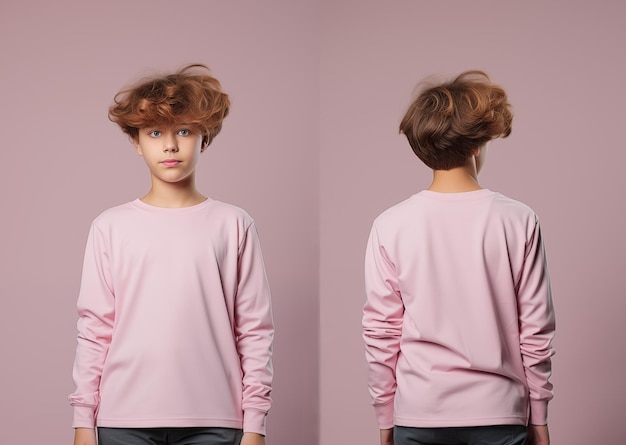 Front and back views of a little boy wearing a pink longsleeve Tshirt