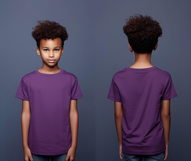 Front and back views of a little boy wearing a purple Tshirt