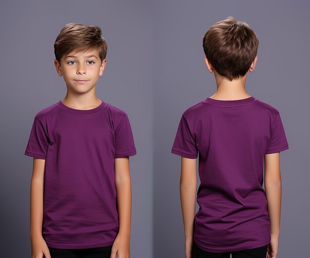 Front and back views of a little boy wearing a purple Tshirt