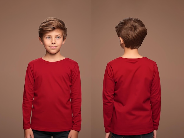 Front and back views of a little boy wearing a red longsleeve Tshirt