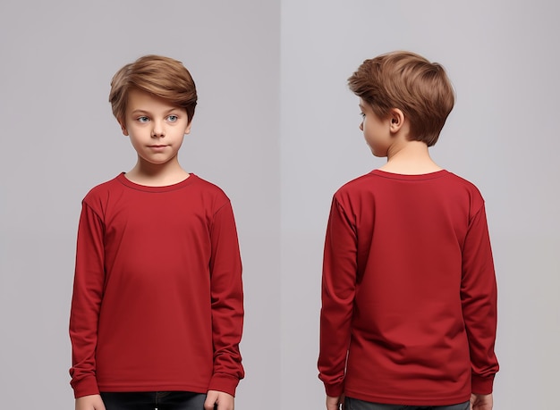 Front and back views of a little boy wearing a red longsleeve Tshirt