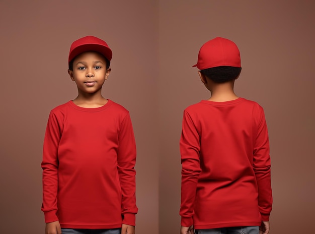 Front and back views of a little boy wearing a red longsleeve Tshirt