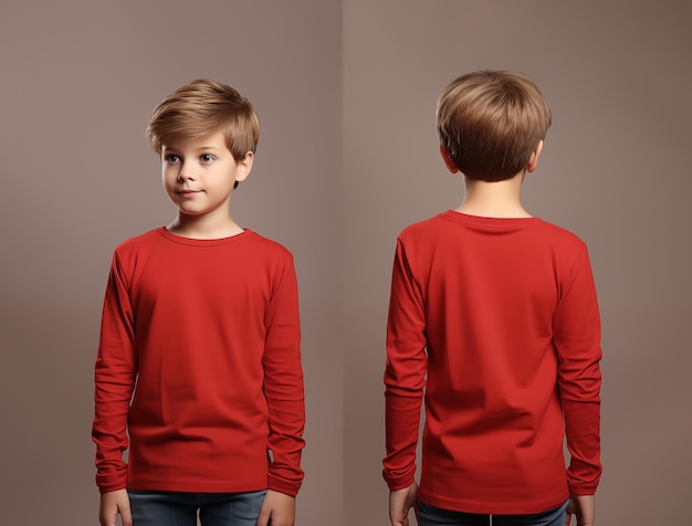 Front and back views of a little boy wearing a red longsleeve Tshirt