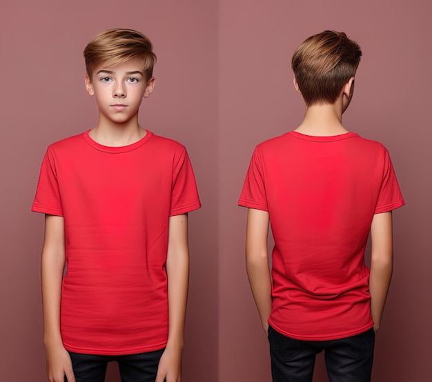 Front and back views of a little boy wearing a red Tshirt