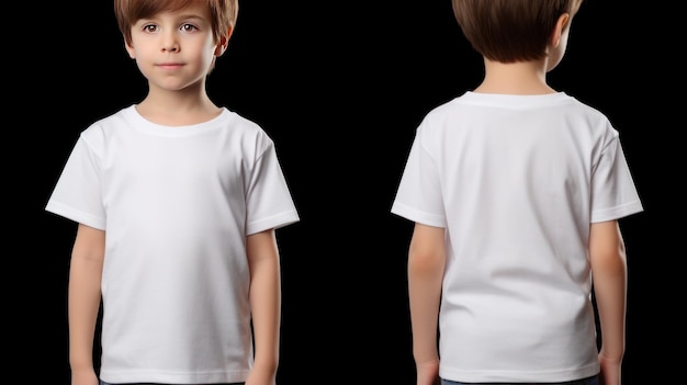 Front and back views of a little boy wearing a white Tshirt mockup