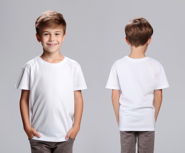 Front and back views of a little boy wearing a white Tshirt