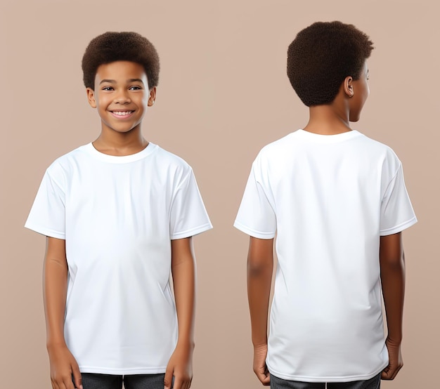 Photo front and back views of a little boy wearing a white tshirt