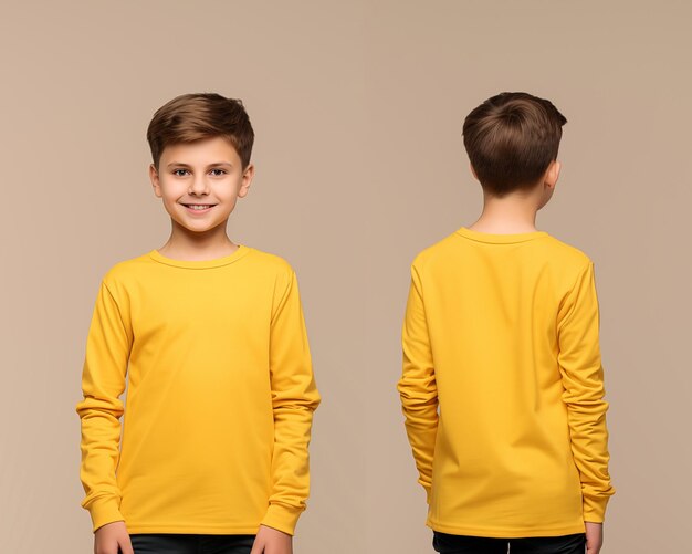 Front and back views of a little boy wearing a yellow longsleeve Tshirt