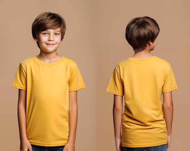 Front and back views of a little boy wearing a yellow Tshirt