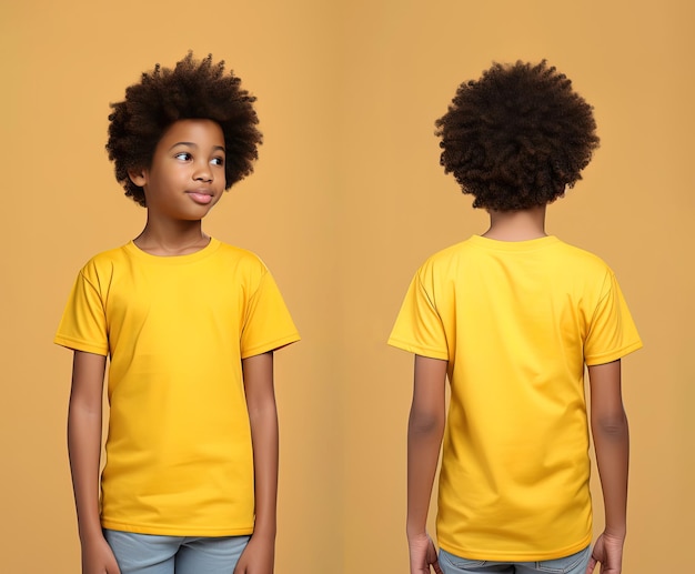노란색 티셔츠 를 입은 작은 소년 의 앞면 과 뒷면