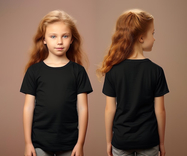 Front and back views of a little girl wearing a black Tshirt