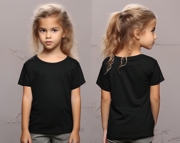 Front and back views of a little girl wearing a black Tshirt