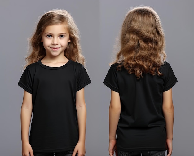 Front and back views of a little girl wearing a black Tshirt