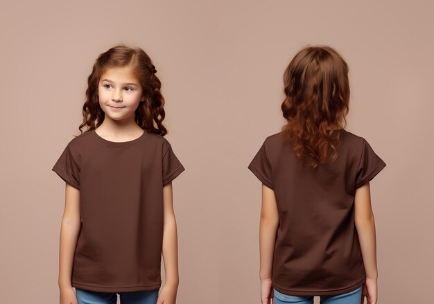 Front and back views of a little girl wearing a brown Tshirt