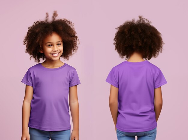 Front and back views of a little girl wearing a purple Tshirt