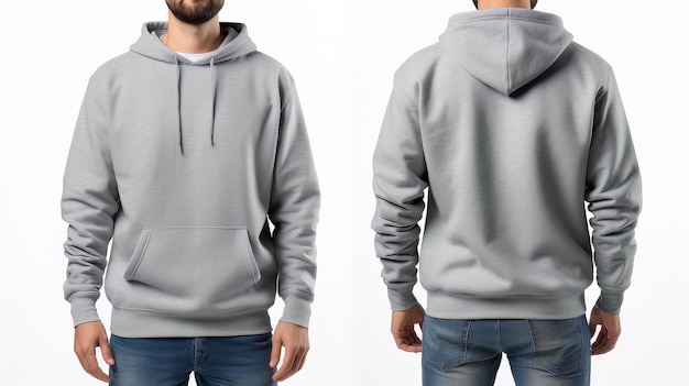 Front and back views of a man wearing a grey blue hoodie mockup