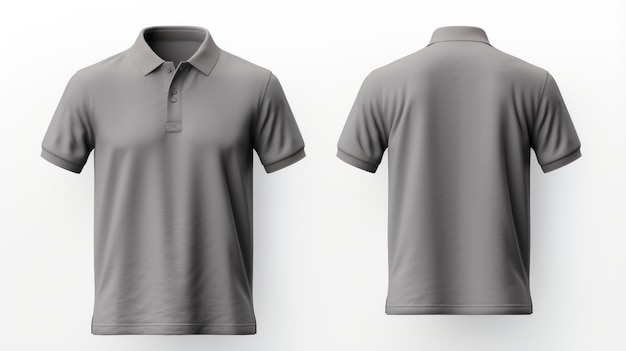 Photo front and back views of a men grey polo shirt apparel mockup isolated on white background