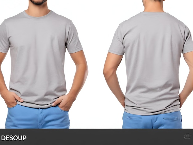 Photo front and back views of young man in grey tshirt on white background mockup for design