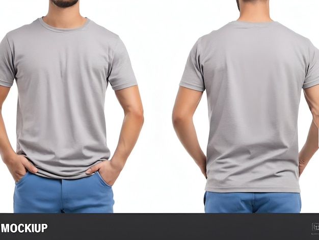 Photo front and back views of young man in grey tshirt on white background mockup for design