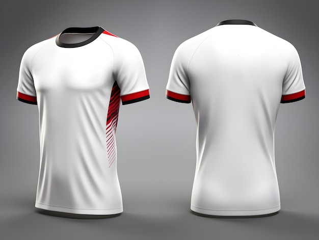 The front and back of a white soccer jersey t shirt design on invisible mannequin