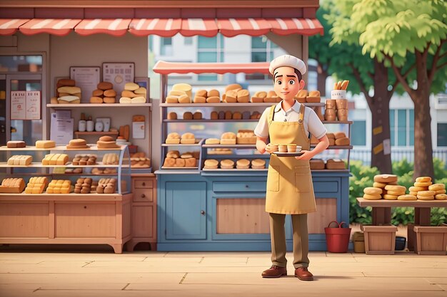 Front of bakery shop with baker in the park scene