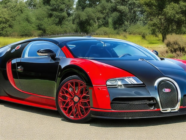 The front of a black car has a red rim.