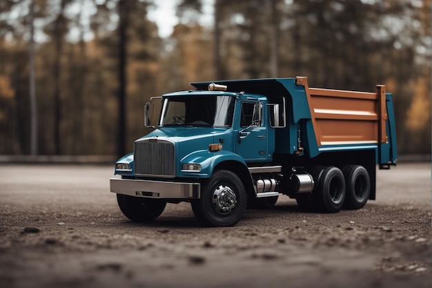 Foto davanti a un camion blu con una scatola di legno sulla parte anteriore.