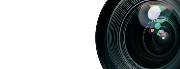 front of camera lens with reflected light on white background banner copy space clipping path included