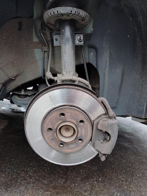 Front car disc and brake pad closeup