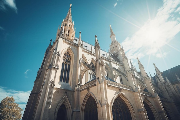 The front of a cathedral with the sun shining through the windows.