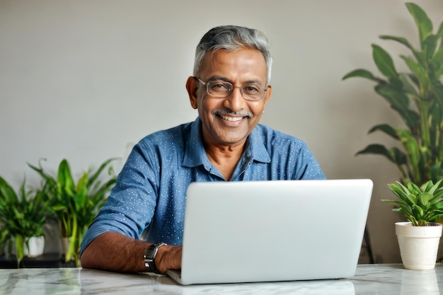 Front close up portrait of aged Indian gentleman using laptop at home modern home setting