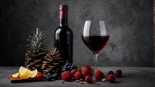 Front close view of dry red wine in a glass and in a bottle next to snack and fruit and conifer cone
