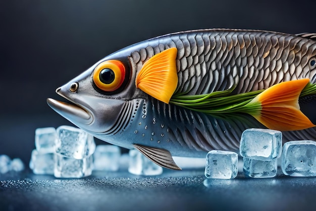 front close view fresh fish slices with ice on dark gray background restaurant dinner meal seafood