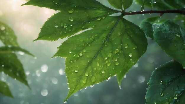 Front close view green leaf with drops on a dark color nature dew forest green air tree