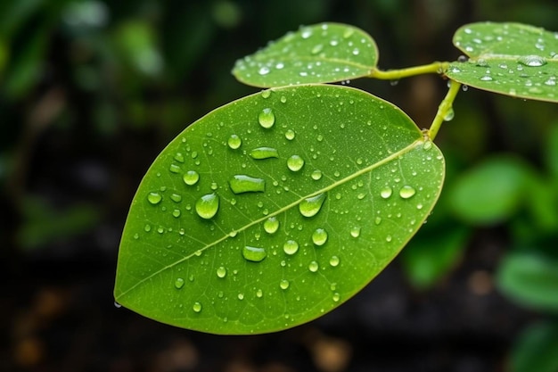 Photo front close view green leaf with drops on the dark color nature dew forest green air tree
