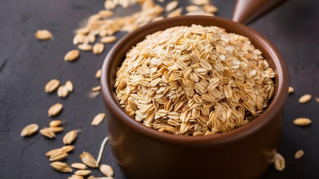 Front close view of organic oat bran in a brown wooden pot on dark background