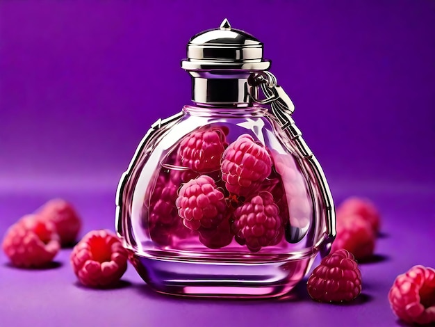 Front close view raspberry smelling perfume inside flask on the purple surface